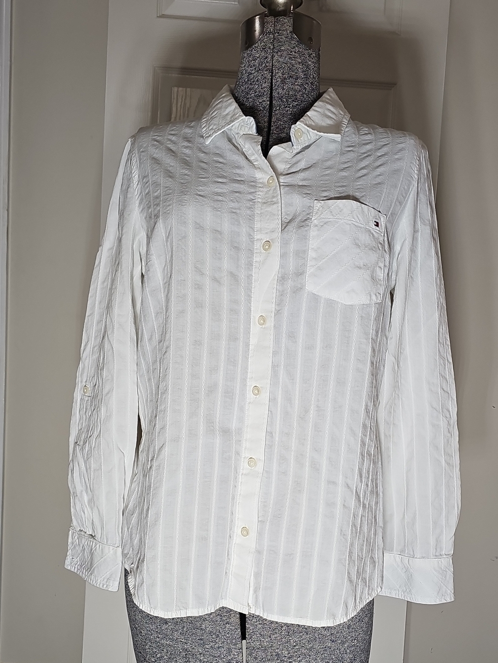 Tommy Hilfiger White Textured Dobby Stripe Roll-Tab Sleeve Button Down Shirt M